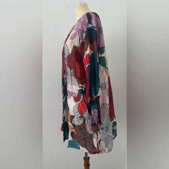 Annie + Otis Silk Cotton Tropical Print Open Front Cardigan Coverup Oversized Lg - Picture 4 of 10